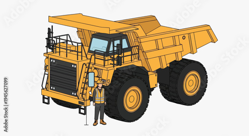 Massive Yellow Mining Dump Truck with Worker Standing Next to It.