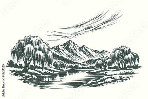 Elegant woodcut illustration of a calm lake reflecting mountain peaks with weeping willow trees in the foreground for peaceful water landscape decor.