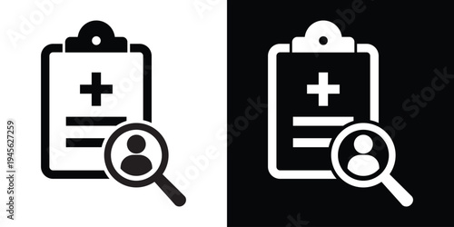 Search medical record icon. Clipboard with medical cross and magnifying glass focusing on a person. Vector symbol for patient lookup, health data research, and clinical audits.