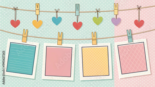 photo frames hanging on clothesline