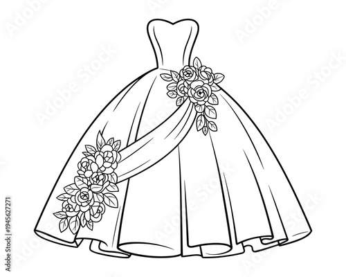 Elegant strapless wedding gown with cascading floral embellishments and sash detail illustration