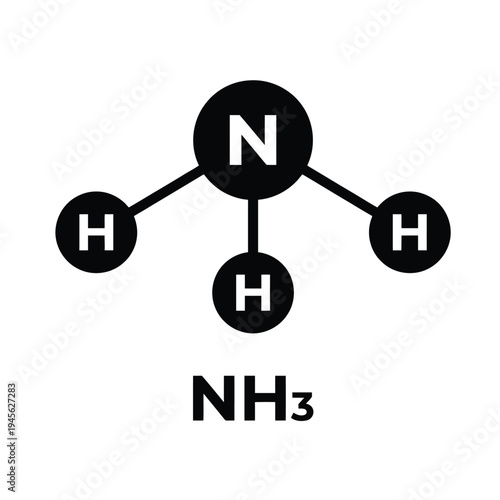 Black and white icon illustrating the chemical structure of ammonia (NH3) with a central nitrogen atom bonded to three hydrogen atoms.