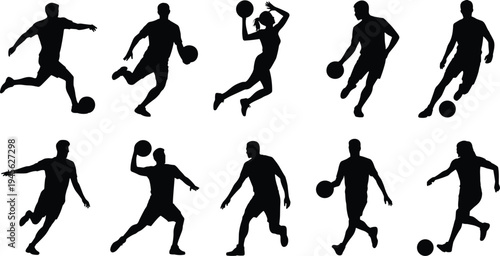 Basketball players silhouette set with men and woman dribbling, jumping and playing sport action poses vector illustration collection
