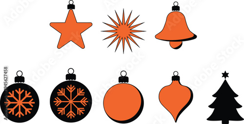 Christmas ornaments and holiday decoration icons set, festive star, bell, baubles, snowflakes and Christmas tree symbols for winter celebration design