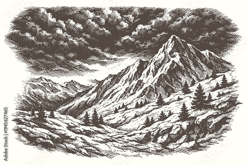 Intricate woodcut style illustration of a massive mountain range under a dark moody cloudscape with pine forests in the foreground for adventure gear.