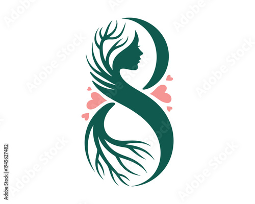 Stylized number eight symbol with a womans profile and branching tree roots combined with hearts
