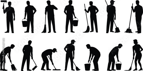 Cleaning workers silhouette set with janitor, mop, broom, bucket and housekeeping staff performing cleaning tasks vector illustration collection