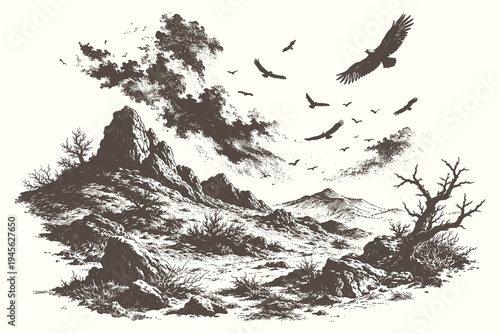 Vintage ink drawing of a rugged mountain terrain with soaring birds of prey and sparse vegetation suitable for classic book illustrations and prints.