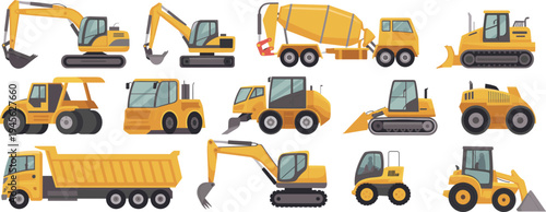  Construction heavy equipment vehicles set with excavator, bulldozer, dump truck, loader and cement mixer vector illustration collection for building industry