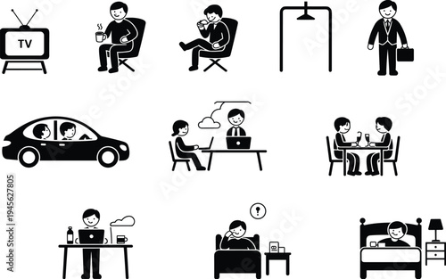 Daily lifestyle and routine icons set: leisure, work and travel activities including watching TV, coffee break, commuting, meetings, dining, remote work, sleep