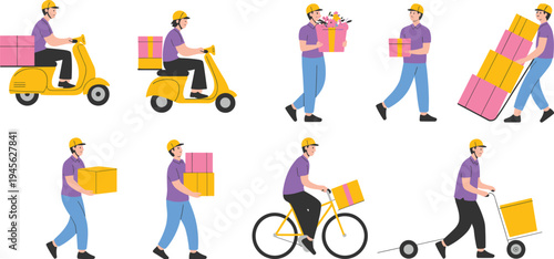 Delivery couriers transporting parcels by scooter, bicycle, and hand truck, carrying boxes and gifts, fast courier service, urban parcel delivery, logistics vector illustration set