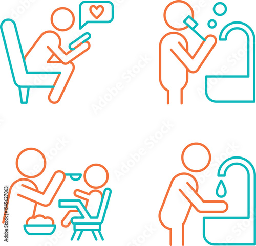 Illustrations of daily hygiene and social interaction practices during health precautions