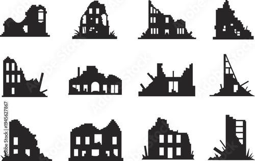 Destroyed buildings silhouette set with ruined houses, broken structures and abandoned architecture disaster damage vector illustration collection for war or earthquake scenes