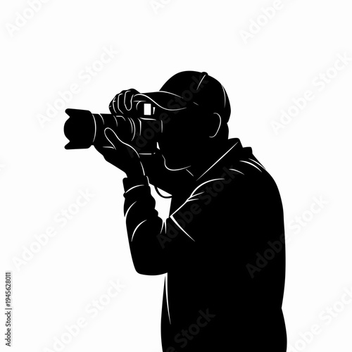 Silhouette of a photographer taking a photo with a professional camera, isolated.