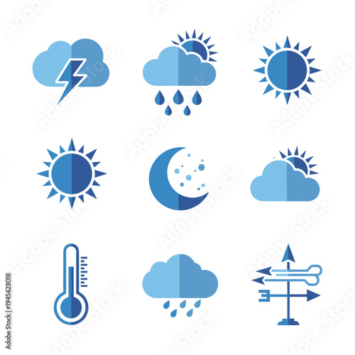 Weather icons set with sun, clouds, rain, and other meteorological symbols.