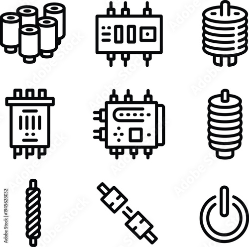 Electronic components icons set: battery cells, transformers, inductors, coils, PCB modules, connectors and power button symbols for hardware, circuitry and power design