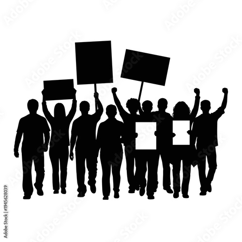 Silhouette of a group of people protesting with signs and banners in solidarity.
