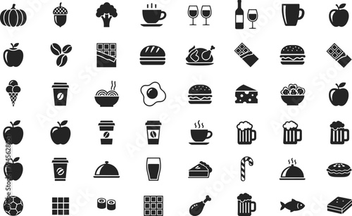“Food and drink silhouette icon set with coffee, burger, apple, beer, chocolate, dessert, and restaurant menu symbols.