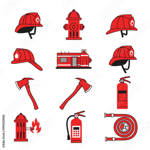 Firefighter equipment set including helmets, fire truck, and fire hydrant icons.