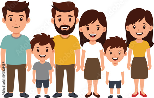 Happy big family portrait cartoon vector illustration with parents, children and relatives standing together, smiling characters isolated on white background