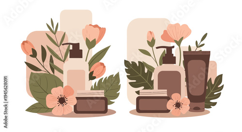 Cosmetic Packaging with Botanical Flowers Illustration, Natural Skincare Products