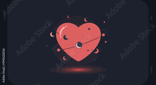 Cosmic Heart Icon with Moon and Stars on Dark Background