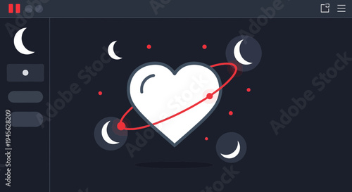 Cosmic Heart Icon with Orbiting Moons and Stars, Love Concept