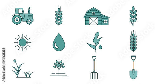 Green farming icons on white background.