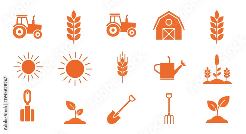 Agricultural Icons Featuring Tractors and Tools.