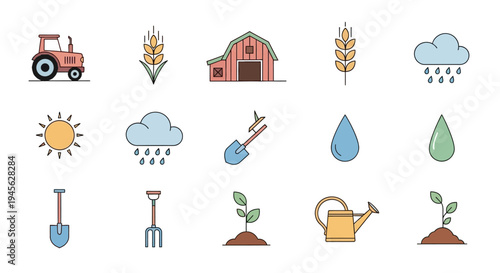 Farming Icons Representing Agriculture and Gardening Tools.