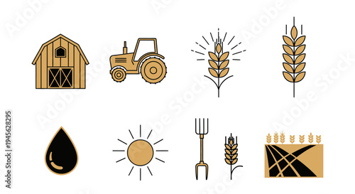 Farm icons set including barn and tractor.