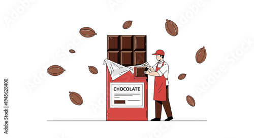 Confectioner Unwrapping Chocolate Bar Surrounded by Cocoa Beans