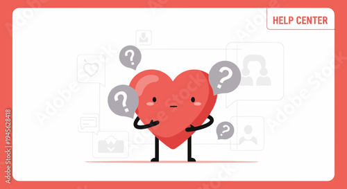 Confused Heart Character with Question Marks - Help Center Concept