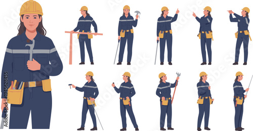 Female construction worker character set with helmet and tools, engineer holding hammer, wrench and equipment, professional builder vector illustration poses