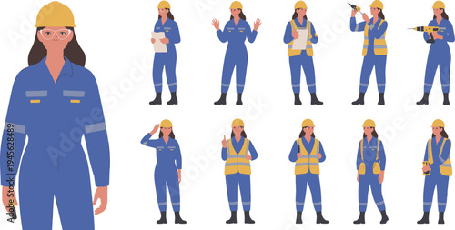 Female construction worker character set with helmet and safety vest, engineer holding tools, inspecting and working poses, industrial worker vector illustration