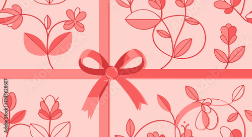 Coral Pink Floral Gift Wrap Pattern with Ribbon Bow