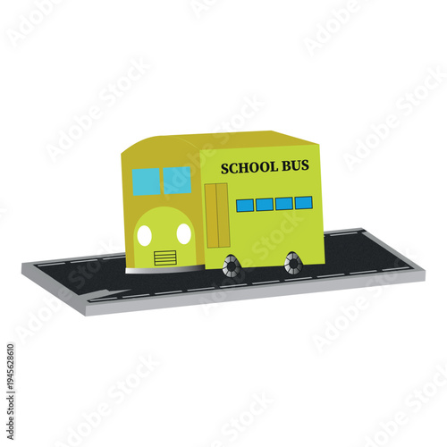 3D Isometric Cartoon Yellow School Bus on a Road Segment Isolated on White