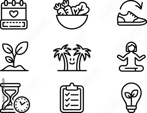 Healthy lifestyle icons set showing meal planning, exercise and walking, meditation and mindfulness, eco habits, time management, habit tracking, checklist and sustainable living concepts