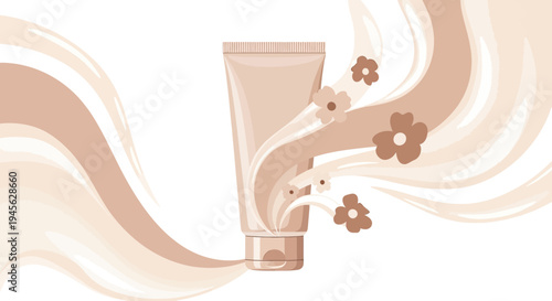 Cosmetic Cream Tube with Floral Swirls and Blossoms - Beauty Product Illustration