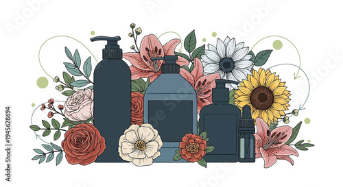 Cosmetic Bottles Surrounded by Beautiful Botanical Flowers and Leaves