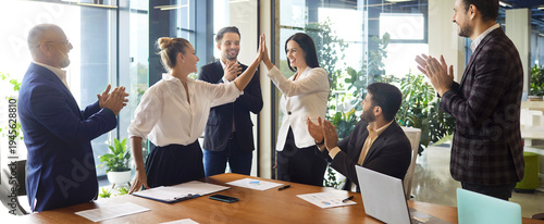 Bilde på lerret Female confident business leaders give high five on meeting, happy corporate team clapping hands to celebrate agreement