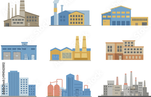 Industrial factory buildings collection, manufacturing plants and warehouses with chimneys and pipelines, heavy industry facilities, production factories, industrial 