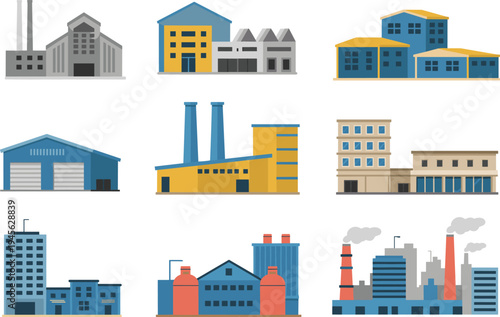 Industrial factory buildings and warehouses collection, manufacturing plants with chimneys, pipelines and storage tanks, production facilities, industrial architecture vector illustration set