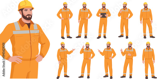 Male construction worker character poses set with helmet and safety uniform, engineer pointing, explaining and using tablet, industrial worker vector illustration