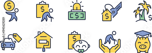 Illustrations depicting various financial and lifestyle concepts in a playful manner