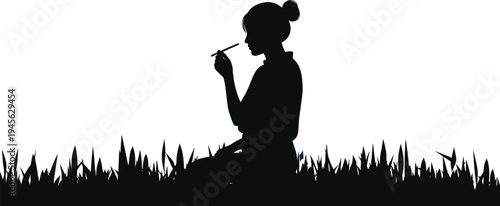 “Woman smoking silhouette sitting on grass with cigarette, female outdoor relaxation scene
