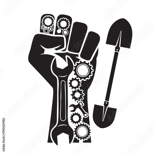 A bold fist holding tools symbolizing labor, construction, and mechanical work.