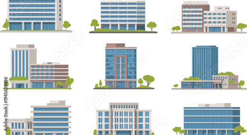 Modern city office buildings collection, corporate business centers and commercial architecture set, urban office towers, contemporary workplace buildings, real estate property vector illustrations