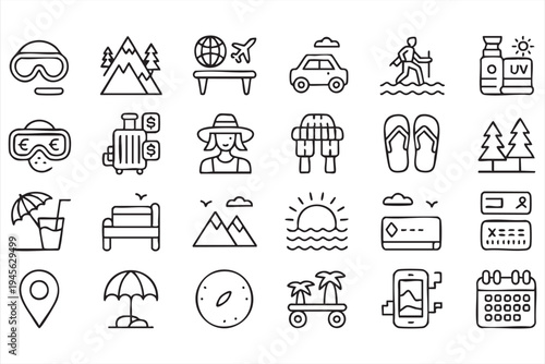 Travel Planning and Adventure Line Icons for Tourism Graphics
