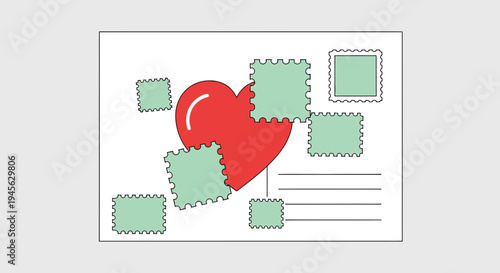 Red Heart Postcard with Stamps and Lines for Message - Love Letter Concept